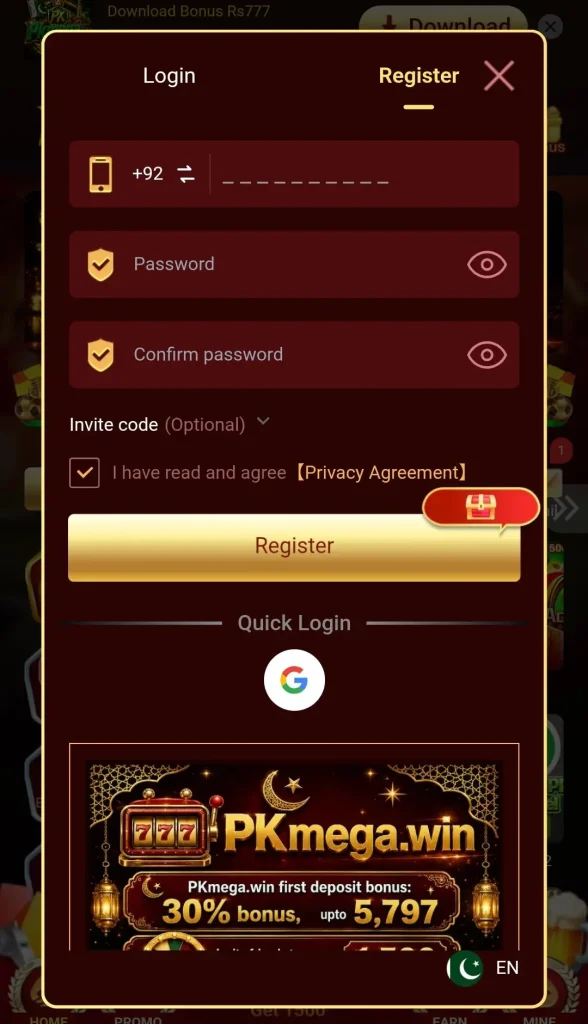 Register on PK MEGA Game